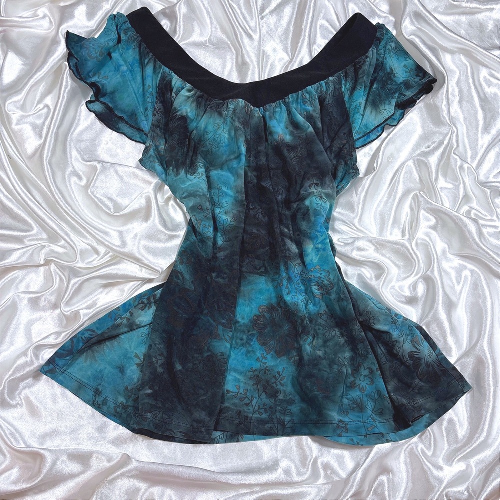 y2k Top Teal Excellent Cato Tie Dye Floral Glitter Off Shoulder Flutter Sleeve